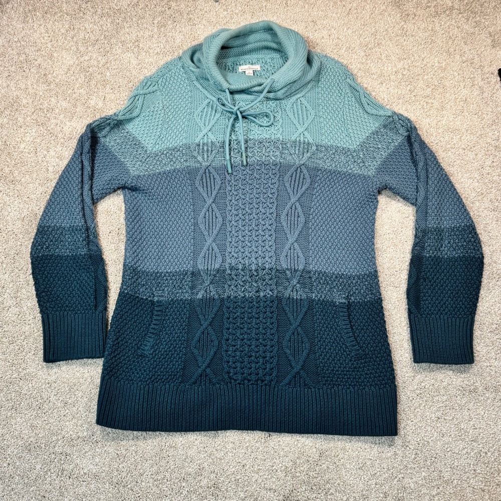 LL Bean Signature Ombre Cable Knit Cowl Neck Cotton Sweater Blue 509593 Womens L
